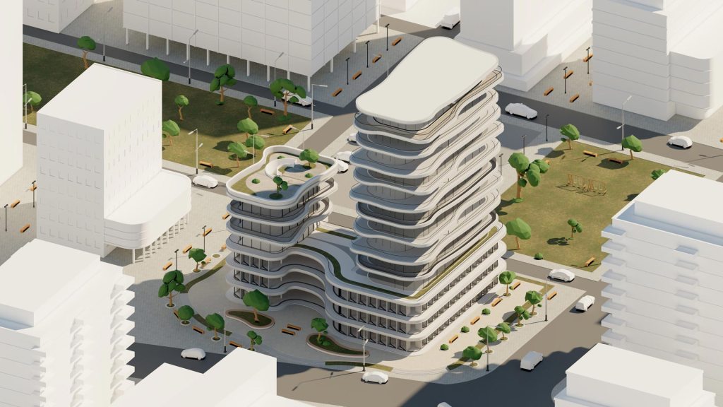 curved buidling birds eye shot