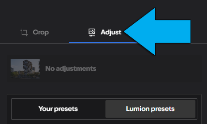 Panel Adjust de Lumion Cloud con acceso a presets y ajustes de imagen