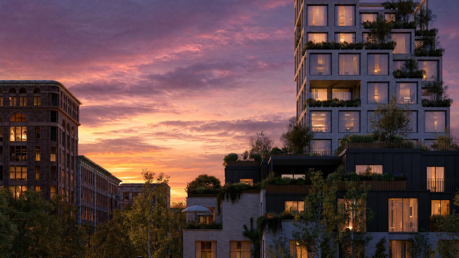 Render arquitectónico de edificios con terrazas y vegetación al atardecer