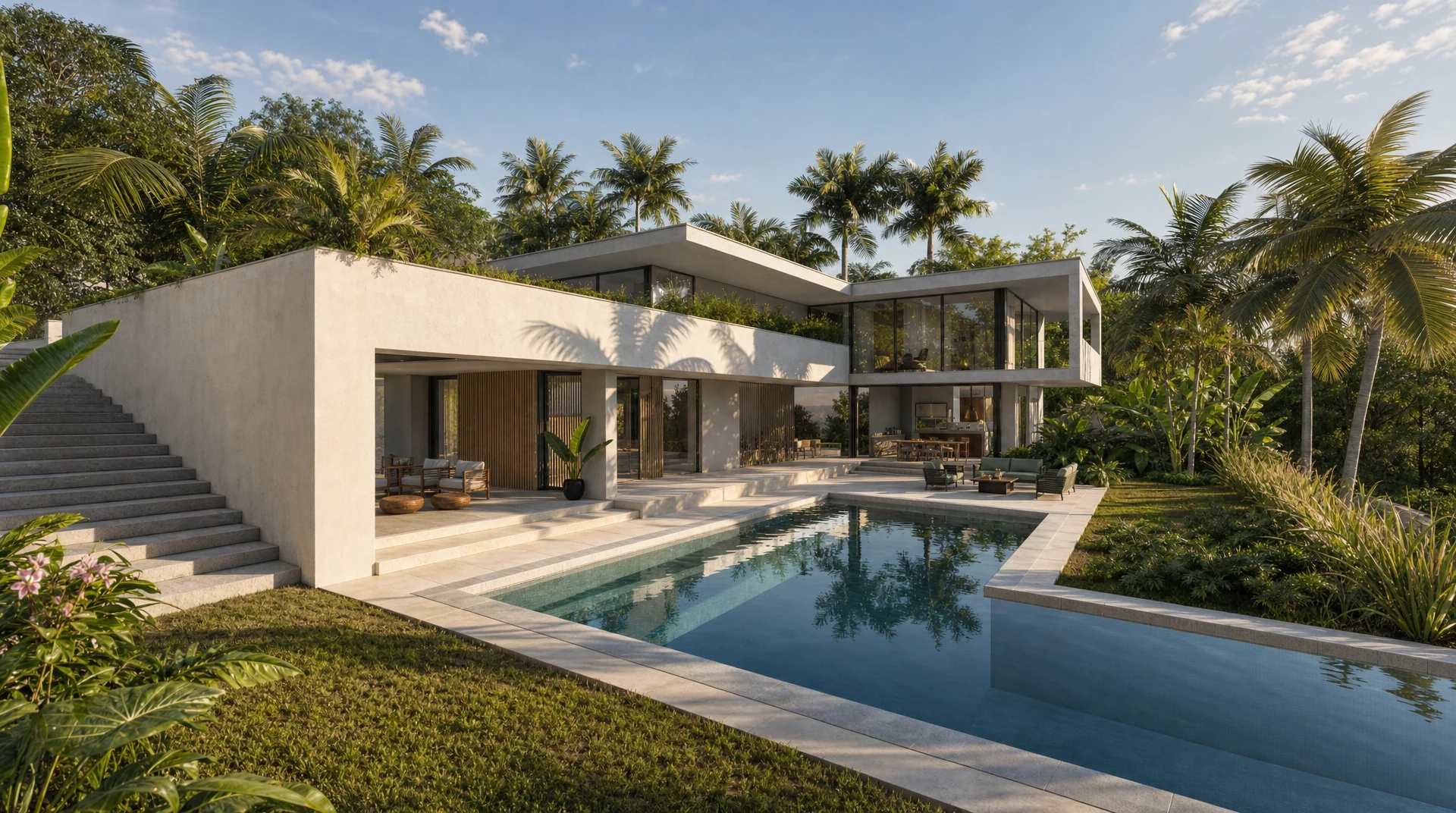 Visualización de una vivienda contemporánea con piscina y vegetación tropical