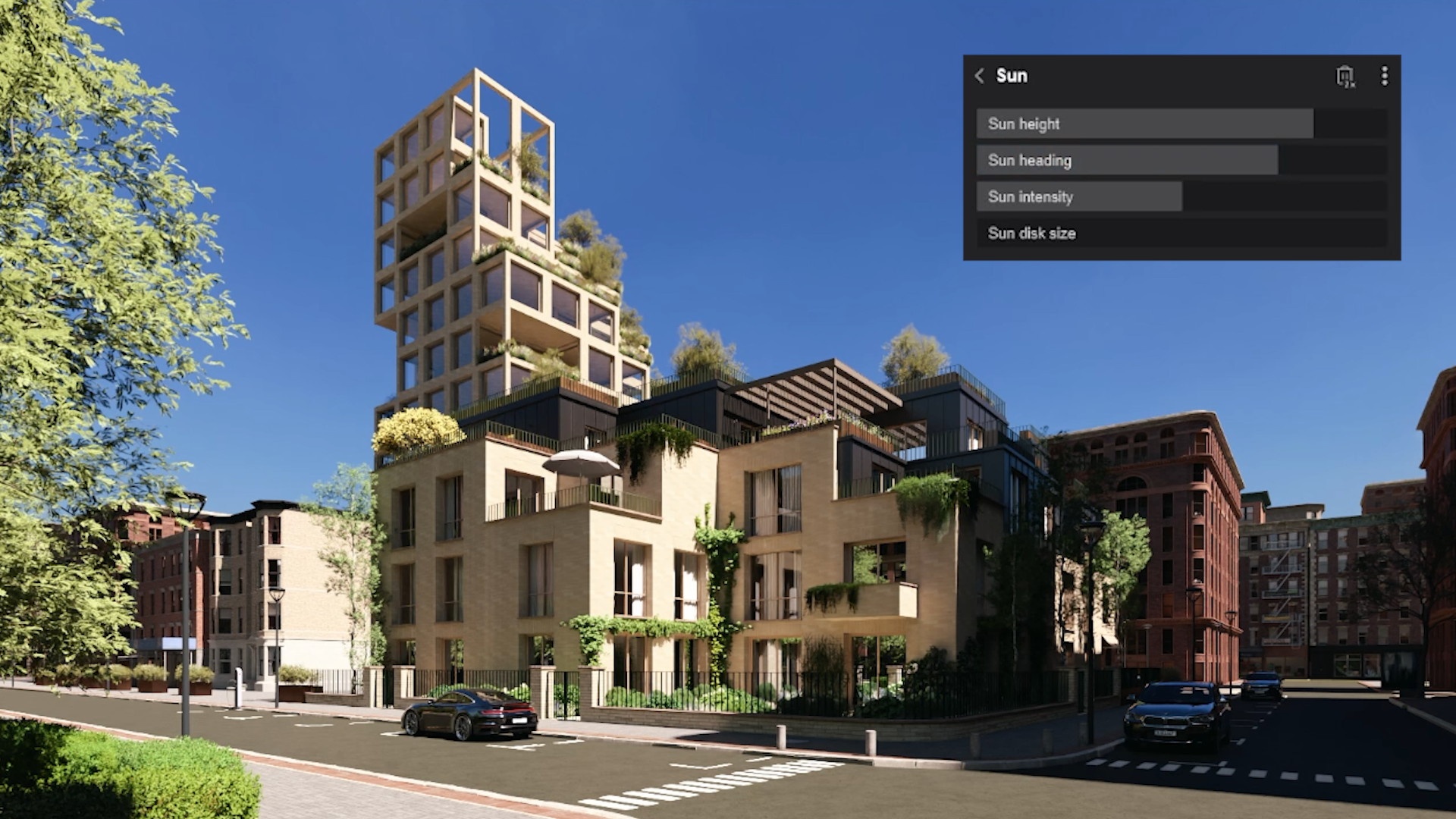 Escena residencial en Lumion Pro con sombras laterales y controles de dirección del sol